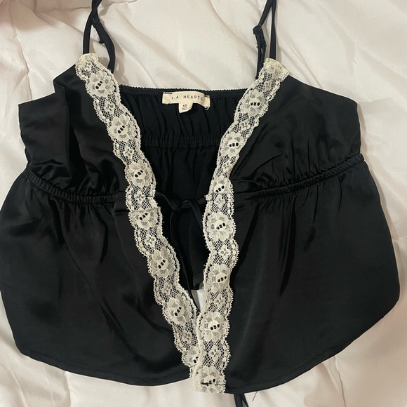 LA hearts, lace, tie front cami tank top, black satin. Size XS like new conditi - Picture 2 of 2
